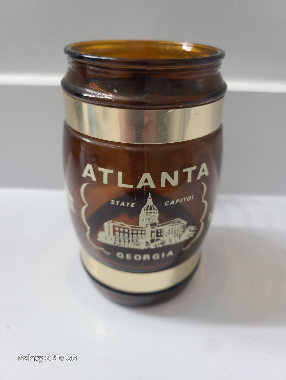 Vintage Siesta Ware Amber Glass Barrel Mug with Wood Handle Atlanta Georgia
